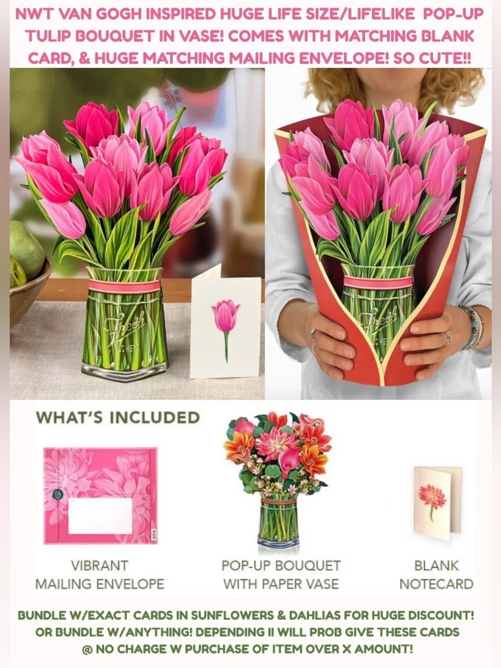 NWT 3D LIFE SIZE POP-UP PINK TULIP HUGE GREETING CARD! BUNDLE W/ NWT 🌻 & DAHLIA!